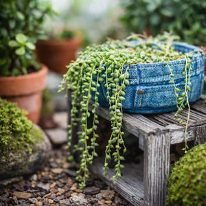Könnte beinhalten: Ein blauer Jeans-Pflanztopf, gefüllt mit einer Perlenschnur-Sukkulente. Der Topf steht auf einem verwitterten Holzständer, umgeben von anderen Topfpflanzen und Grün. Die grünen, perlenartigen Blätter der Sukkulente hängen herab.