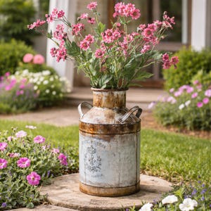 May include: A weathered metal vase, holding pink flowers and green leaves. The vase has a distressed finish and two handles. It features a faded label. The vase is placed on a stone surface in a garden, surrounded by flowers.