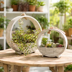 Pode incluir: Duas floreiras redondas de madeira caiada com alças de corda. Uma é preenchida com plantas verdes folhosas, a outra com suculentas. As floreiras estão sobre uma mesa de madeira, com outras plantas ao fundo.