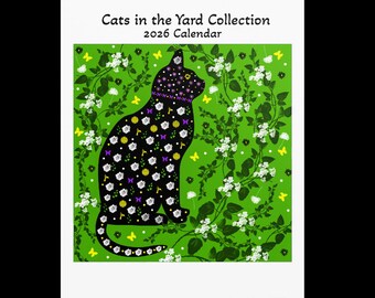 Whimsical Cats Calendar-Mini Prints, Feline Lovers Wall Calendars, Floral Folkart Cat Mini Prints