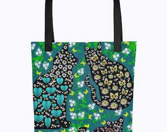 Cat Art Tote Bag, Folkart Cats Tote Bags, Floral Kittens Canvas, Cloth Shoulder Purse