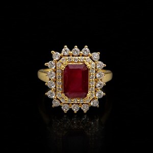 Ruby Halo Ring, Emerald Cut Red Stone Gold Ring, Statement Cocktail Ring, Vintage Style Bridal Ring, Luxury Red Gemstone Ring for Her.
