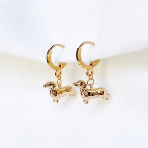 Gold Dachshund Huggie Earrings: 3D Dog Charms, Doxie Dog Mom Gift, Puppy Parent Present
