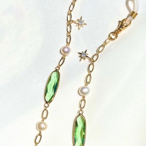 Green Glasses Chain pearl birthstone celestial star charm gold jewelry crystal witchy sunglasses chain back to school coquette literary gift