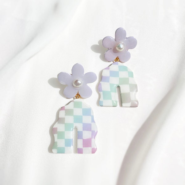 Wavy Checker Earrings w/ Customizable Studs groovy daisy clay statement arches rainbow kawaii 90s pastel gradient checkerboard pearl flower
