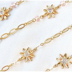 Gold Flower Glasses Chain with Crystal Beads daisy gemstone charm gold jewelry preppy aesthetic garden lover floral back to school outfit