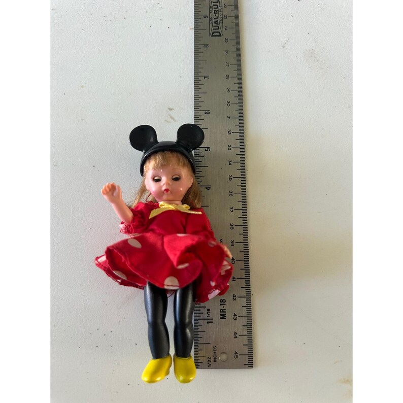 Vintage Disney Minnie Mouse Small Doll Red Polka Dot Dress Yellow Shoes EUC image 2