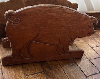 Vintage hölzerne Schwein Serviettenhalter Hand geschnitzte Bauernhaus Landhausküche Dekor GUC