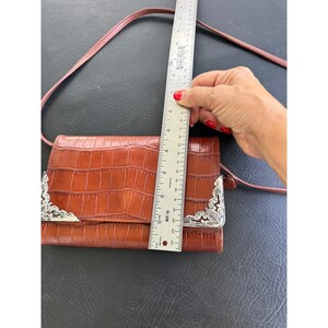 Brighton Cognac Brown Croc Embossed Leather Crossbody Wallet Bag Silver VGUC image 9