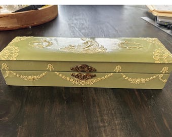 Vintage Sage Green Neoclassical Glove Box Raised Relief Woman Dog Swags VGUC