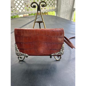 Brighton Cognac Brown Croc Embossed Leather Crossbody Wallet Bag Silver VGUC image 1