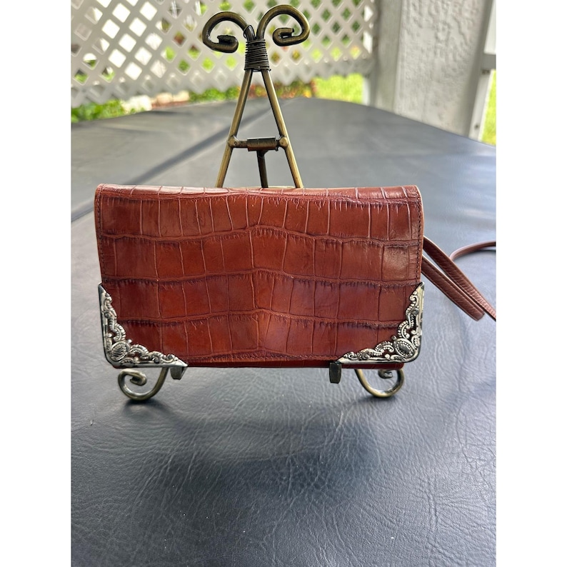 Brighton Cognac Brown Croc Embossed Leather Crossbody Wallet Bag Silver VGUC image 1
