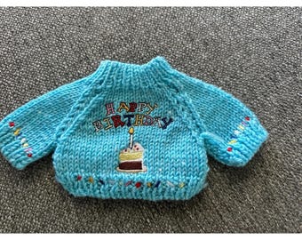 Handmade Miniature Doll Sweater Blue Happy Birthday Cake Knit VGUC 12-18"  doll