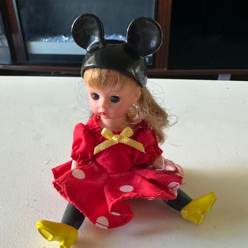Vintage Disney Minnie Mouse Small Doll Red Polka Dot Dress Yellow Shoes EUC image 1