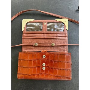 Brighton Cognac Brown Croc Embossed Leather Crossbody Wallet Bag Silver VGUC image 3