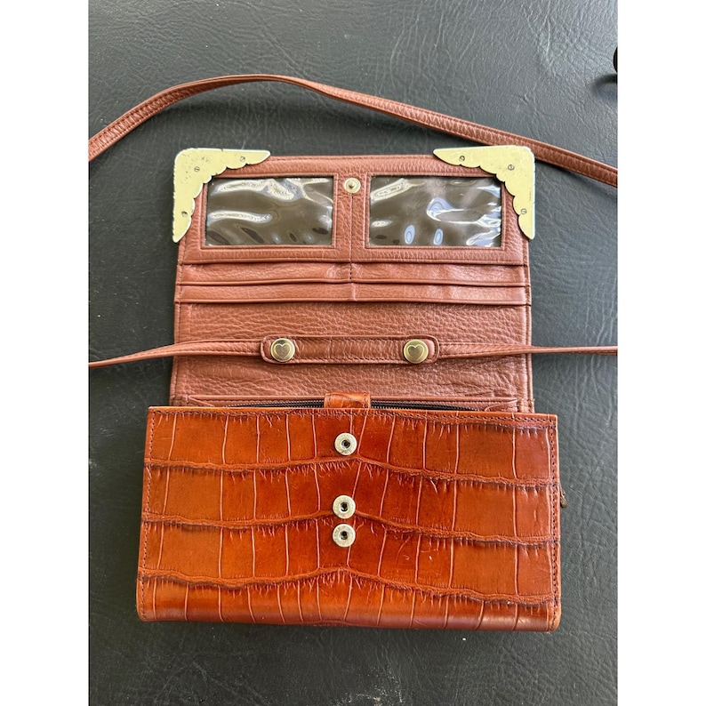 Brighton Cognac Brown Croc Embossed Leather Crossbody Wallet Bag Silver VGUC image 3