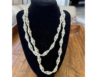 Vintage Cream Faux Pearl Multi Strand Woven Long Necklace 34 Inch Layered Style