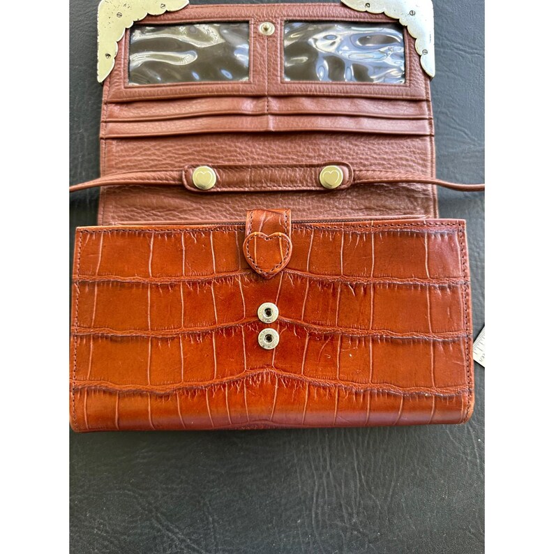 Brighton Cognac Brown Croc Embossed Leather Crossbody Wallet Bag Silver VGUC image 8