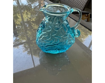 Vintage Blue Textured Glass Pitcher Small Water Jug Decorative Accent