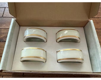 Gorham China Napkin Rings Set of 4 White Gold Trim Style 00777GO Vintage Dining