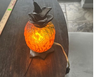 Vintage Pineapple Accent Lamp Amber Frosted Glass Bronze Metal Base 9 Inch