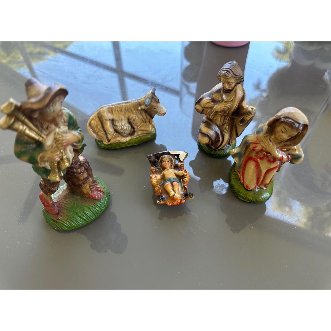 Vintage Nativity Scene Figurines 5 Piece Set Shepherd Cow Mary Joseph ...