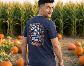 主に感謝を捧げる秋のクリスチャンTシャツ - 詩篇136:1