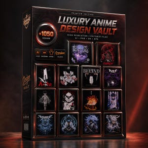 Peut inclure: Une boîte rectangulaire noire intitulée Luxury Anime Design Vault, contenant 1050 designs aux formats AI, PNG et EPS. La face avant présente une grille de diverses illustrations de style anime, incluant des personnages et des graphismes.