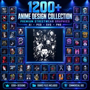 Op de afbeelding: Een digitale collectie van 1200+ anime streetwear graphics met diverse karakterillustraties in AI, PSD, SVG en PNG-formaten. De centrale afbeelding toont een zwart-wit Re:Zero karakter-montage met tekst.