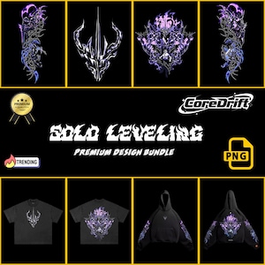 May include: A black graphic design bundle featuring the text "SOLO LEVELING PREMIUM DESIGN BUNDLE" and the CoreDrift logo. The image includes t-shirts and a hoodie with detailed purple and white designs, along with PNG file indicators.