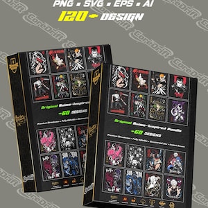 Puede incluir: Dos cajas rectangulares negras que muestran un Original Anime-Inspired BUNDLE con más de 120 diseños en formatos PNG, SVG, EPS y AI. Cada caja presenta una cuadrícula de 60 ilustraciones gráficas de personajes con etiquetas como Chainsaw Man.