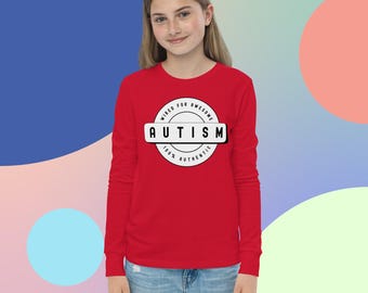 Kids Autism “Wired for Awesome” Youth Long Sleeve Shirt – 100% Authentic Badge Design, Neurodiversity Acceptance Top, Unisex Crewneck