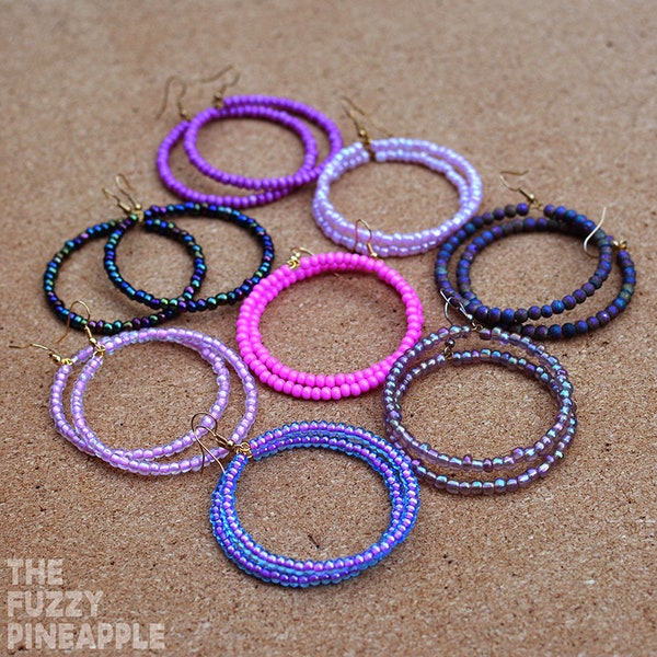 Purple Glass Seed Bead Hoop Earring Collection by The Fuzzy Pineapple Beaded Hoops Bright Crystal Boho Dangle Bohemian Jewel Iridescent Gift