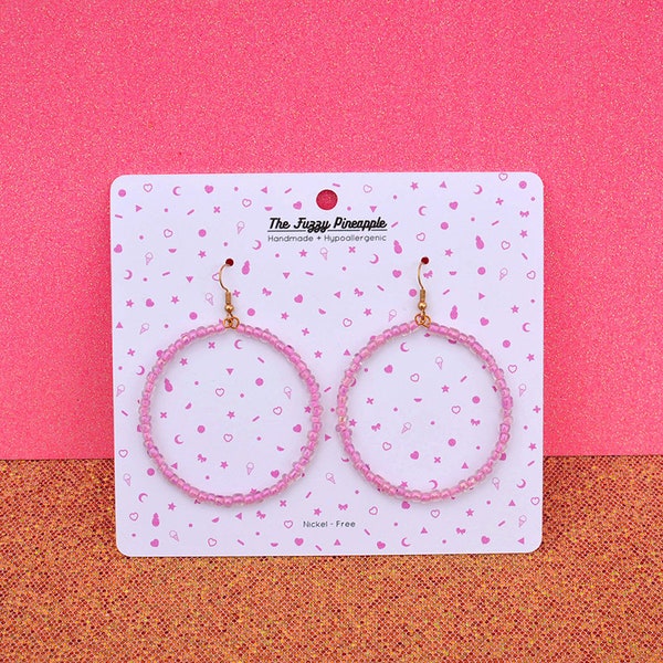 Orchid Pink Inline Seed Bead Hoop Earrings by The Fuzzy Pineapple Dangle Drop Bohemian Bright Hot Pink Boho Glass Beaded Hoop Earrings