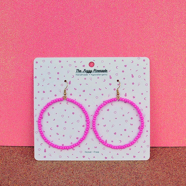 Bright Pink Seed Bead Hoop Earrings by The Fuzzy Pineapple Dangle Drop Bohemian Bright Hot Pink Boho Glass Beaded Hoop Earrings