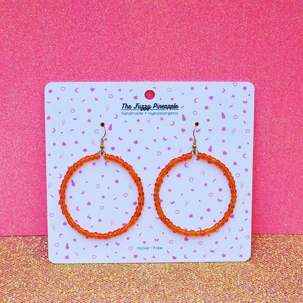 Clear Orange Seed Bead Hoop Earrings by The Fuzzy Pineapple Dangle Drop Bohemian Dark Orange Glass Beaded Hoop Earring