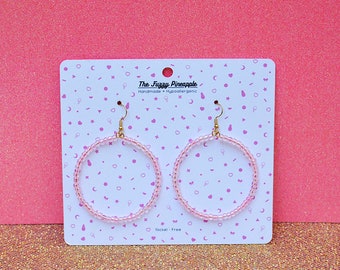 Clear Pink Pastel Seed Bead Hoop Earrings by The Fuzzy Pineapple Dangle Drop Bohemian Bright Pink Boho Glass Beaded Hoop Crystal Earrings