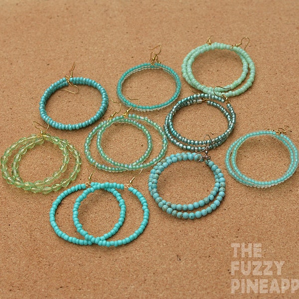 Turquoise + Mint Glass Seed Bead Hoop Earring Collection by The Fuzzy Pineapple Beaded Hoops Bright Seaglass Teal Boho Dangle Bohemian Jewel