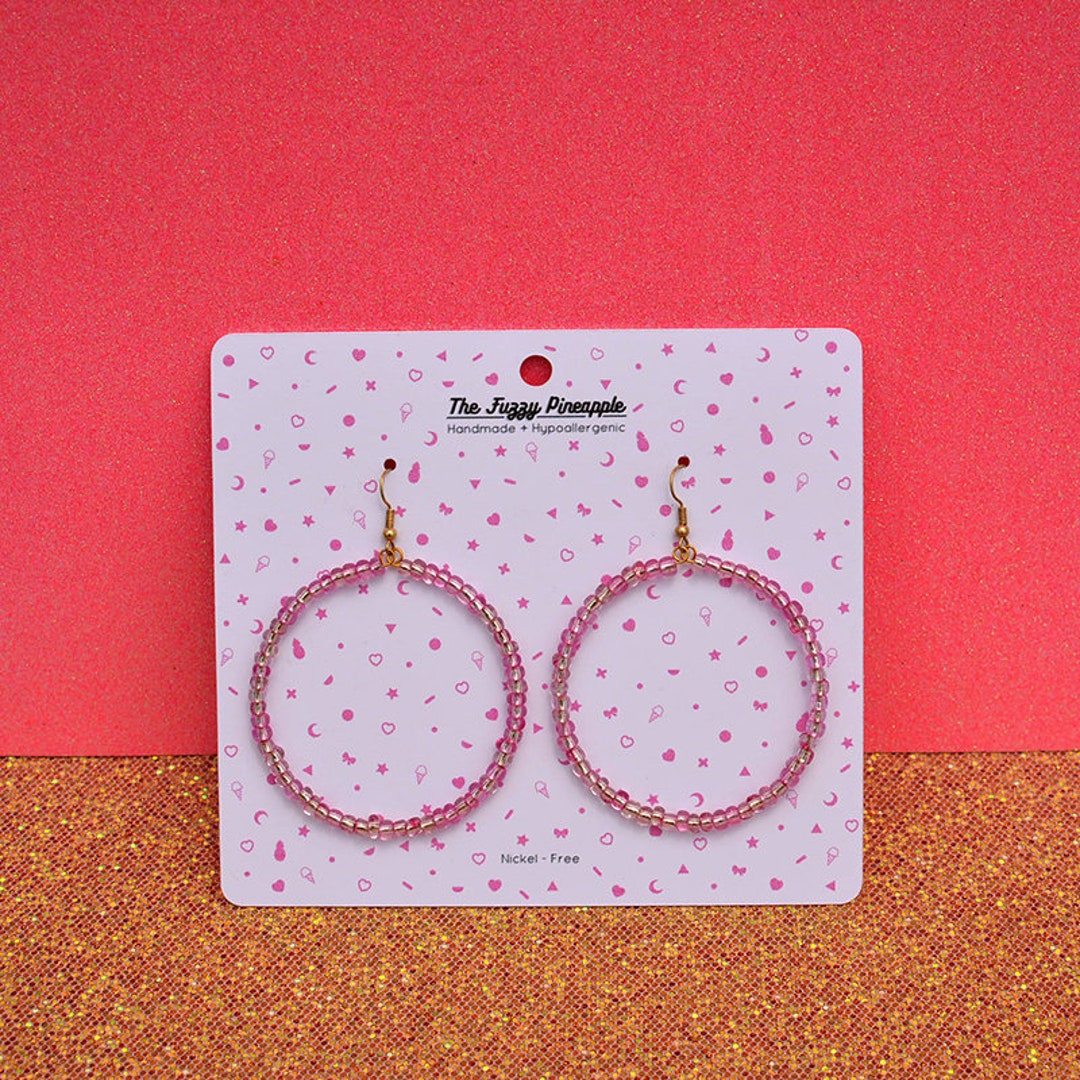 Clear Light Pink Seed Bead Hoop Earrings by The Fuzzy Pineapple Dangle