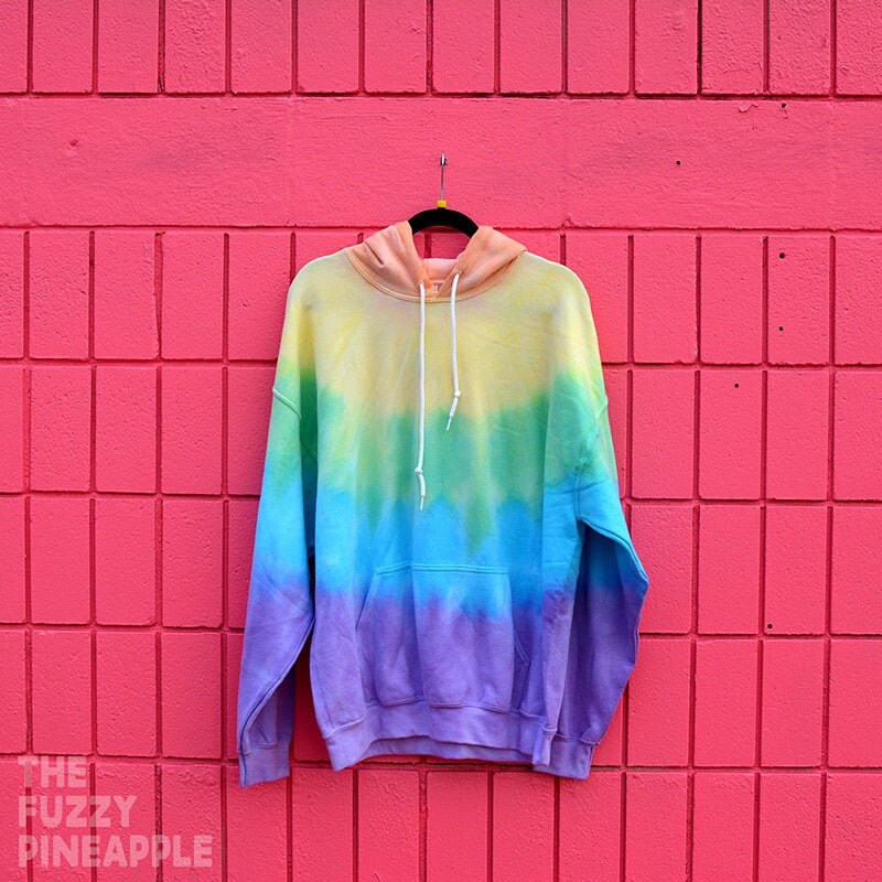 XL Ready to Ship Pastel Rainbow Color Block Striped Tie Dye Hoodie