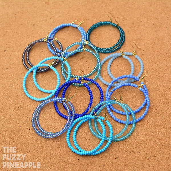 Blue + Periwinkle Glass Seed Bead Hoop Earring Collection by The Fuzzy Pineapple Beaded Hoops Bright Seaglass Boho Dangle Bohemian Jewel