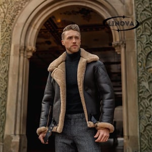 Men’s Shearling Leather Jacket Aviator Bomber Coat Genuine Sheepskin Winter Pilot Outerwear Gift