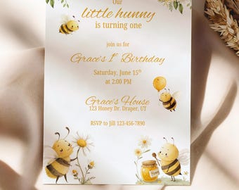 Bee 1st Birthday Invitation | Our Little Hunny Editable Canva Template (Digital Download)