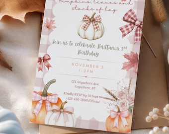 May include: A rectangular birthday invitation template featuring a light pink gingham border, watercolour pumpkins, autumn leaves, and bows. The text reads: Pumpkins, leaves and stacks of hay, Join us to celebrate Brittani's 3rd Birthday, November 5, 1-2 PM.