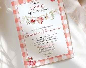 Zaproszenie na baby shower z motywem jabłka – edytowalny szablon Canva (do pobrania cyfrowego)