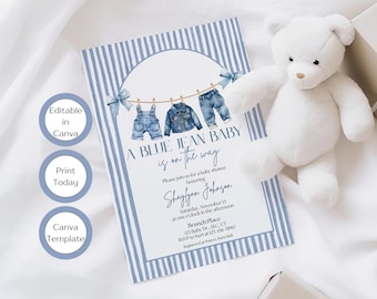 Invitación para baby shower de mezclilla azul / Invitación para baby shower de mezclilla / Plantilla editable de Canva / Descarga digital