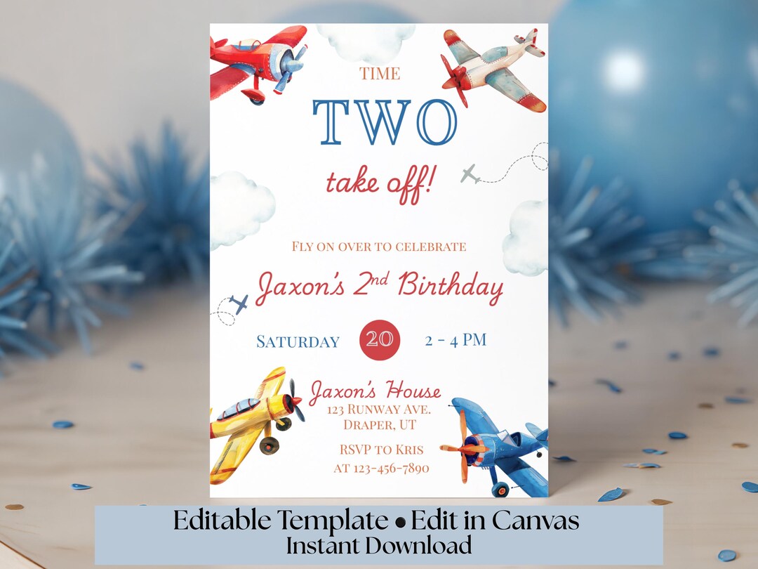Take Flight Invite Airplane 2nd Birthday Invitation – Editable Canva Template, Time Two ...