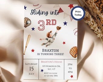 Baseball 3rd Birthday Invitation – 3rd Birthday Baseball Party Invite | Editable Printable & Mobile Canva Template