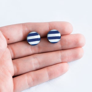 White blue stud earrings Navy jewelry Surgical steel striped earrings nautical Breton stripes image 3