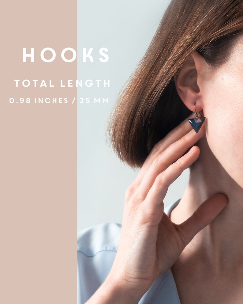 Puede incluir: Un par de pendientes con un colgante en forma de tri&aacute;ngulo. Los pendientes est&aacute;n hechos de resina azul oscuro y negra y tienen un gancho plateado. Los pendientes miden 2,5 cm de largo.